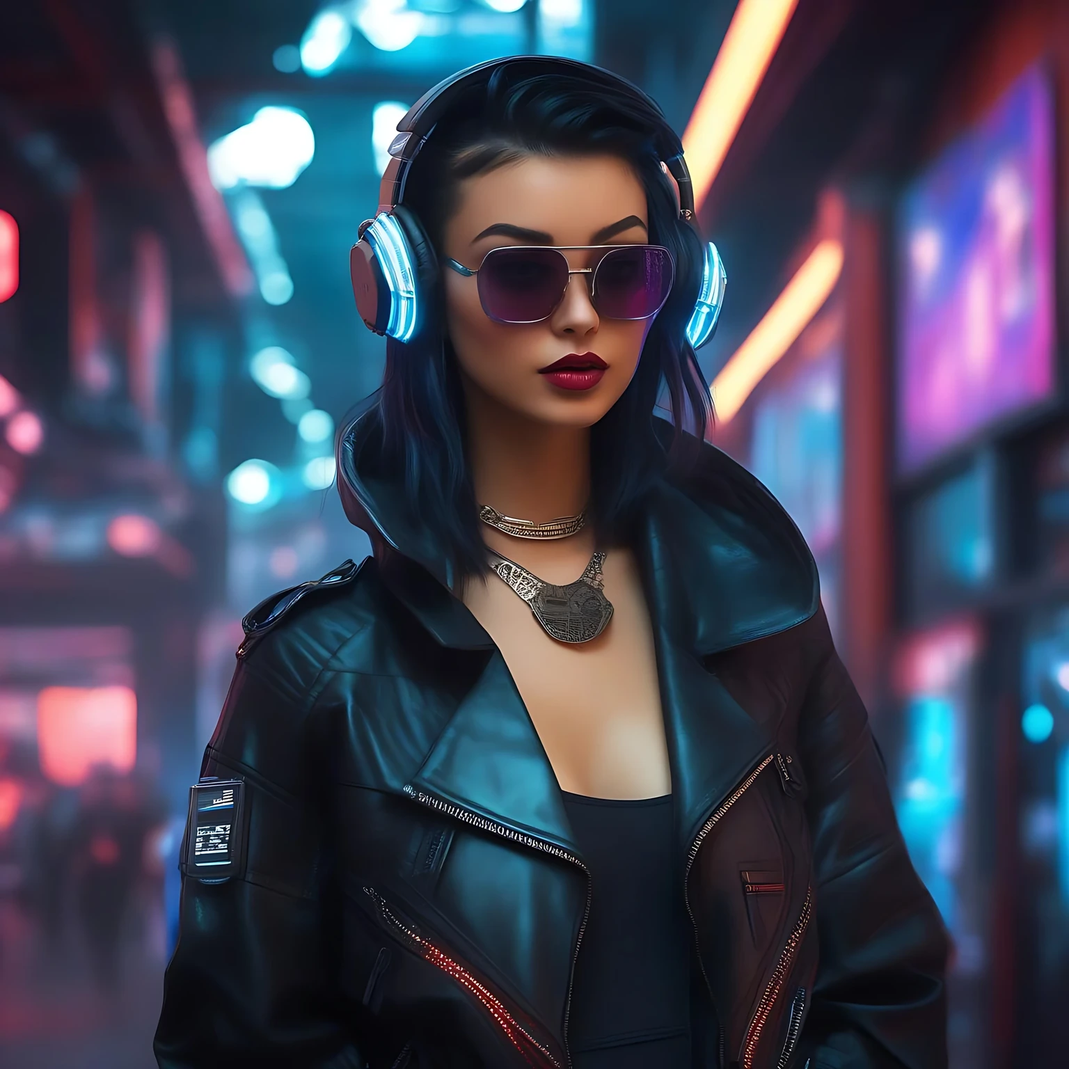 AI generated image of a woman wearing shades in cyberpunk mode, created using Spotbuzz