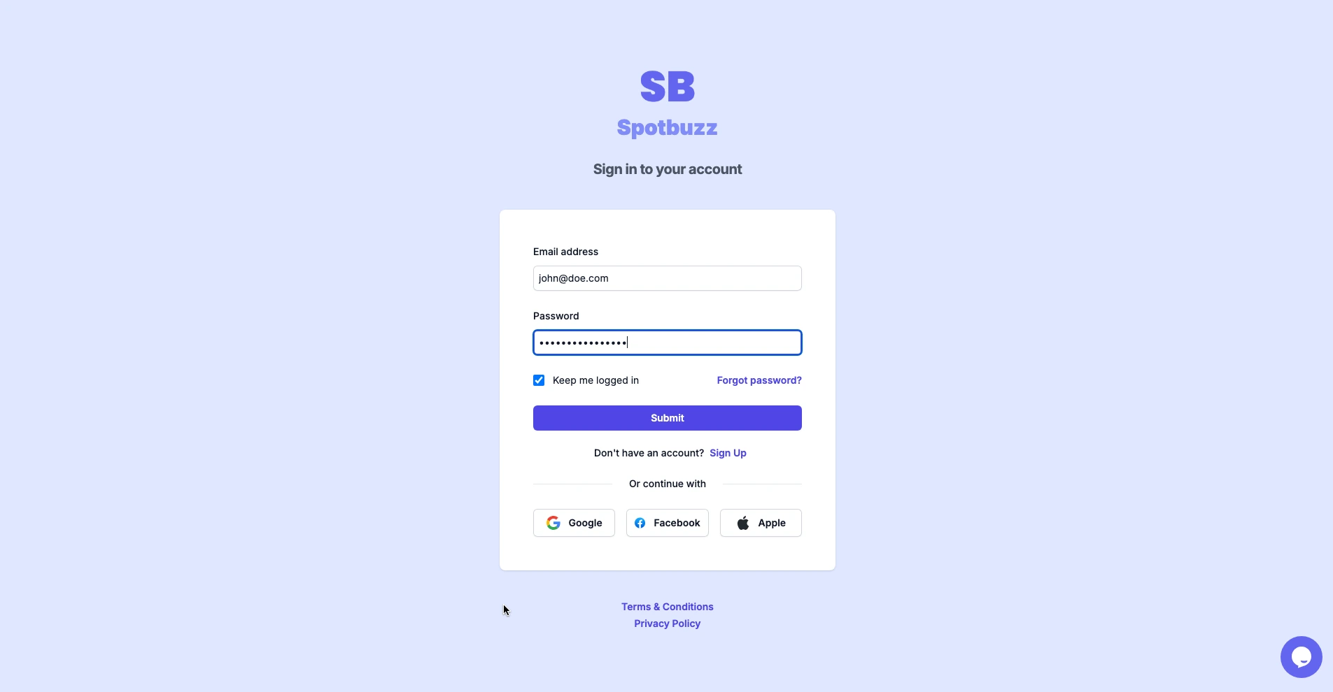 Spotbuzz login screen