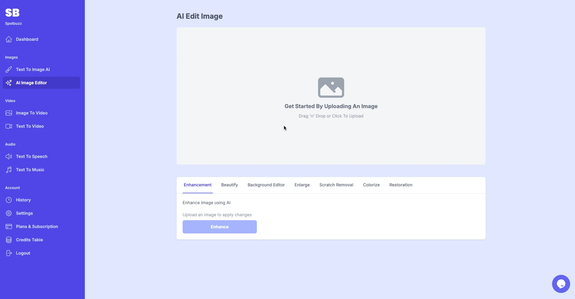 Spotbuzz AI Image Editor screen, choose image to upscale