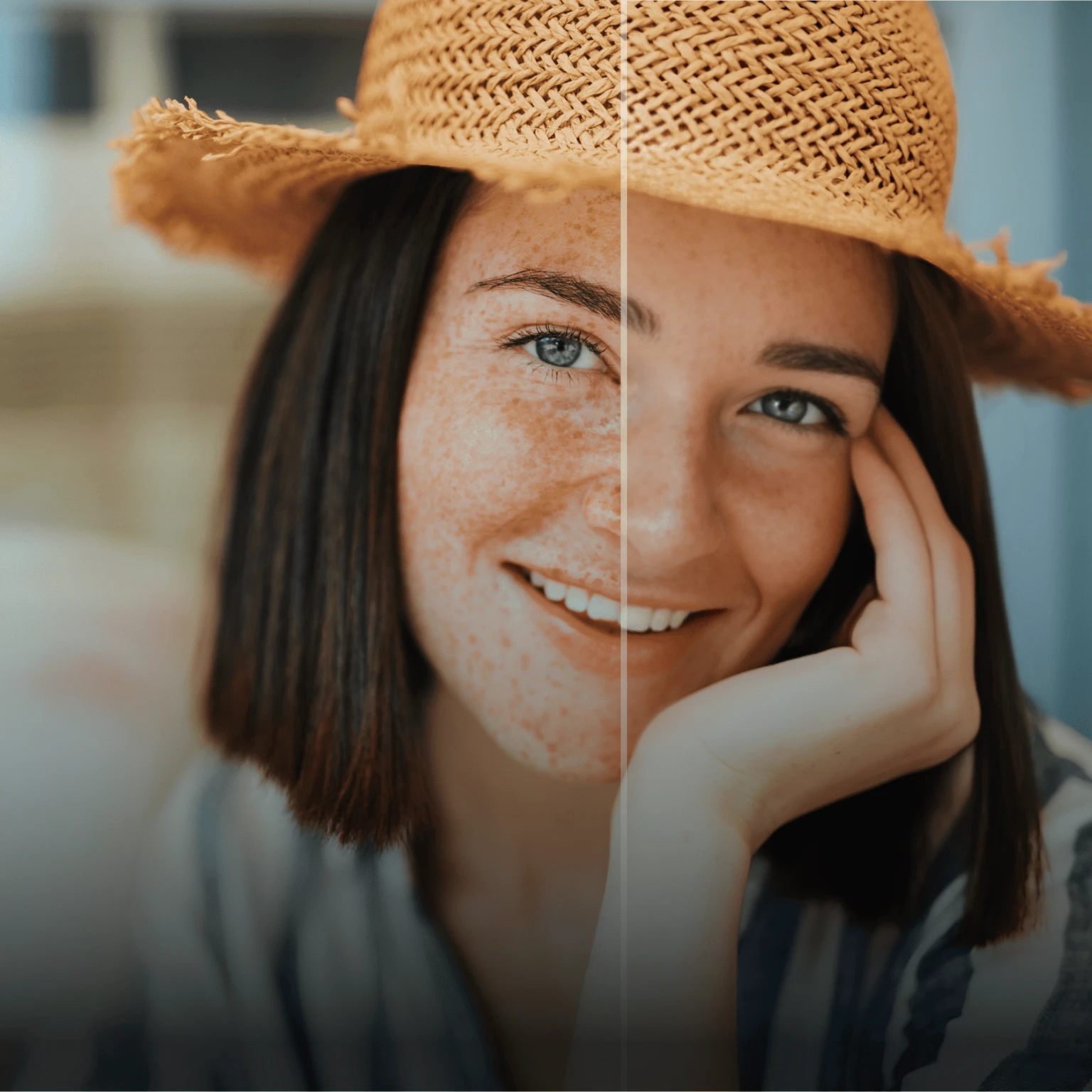 Image demonstrating removal of freckles from a woman's face using AI Beautify feature of Spotbuzz